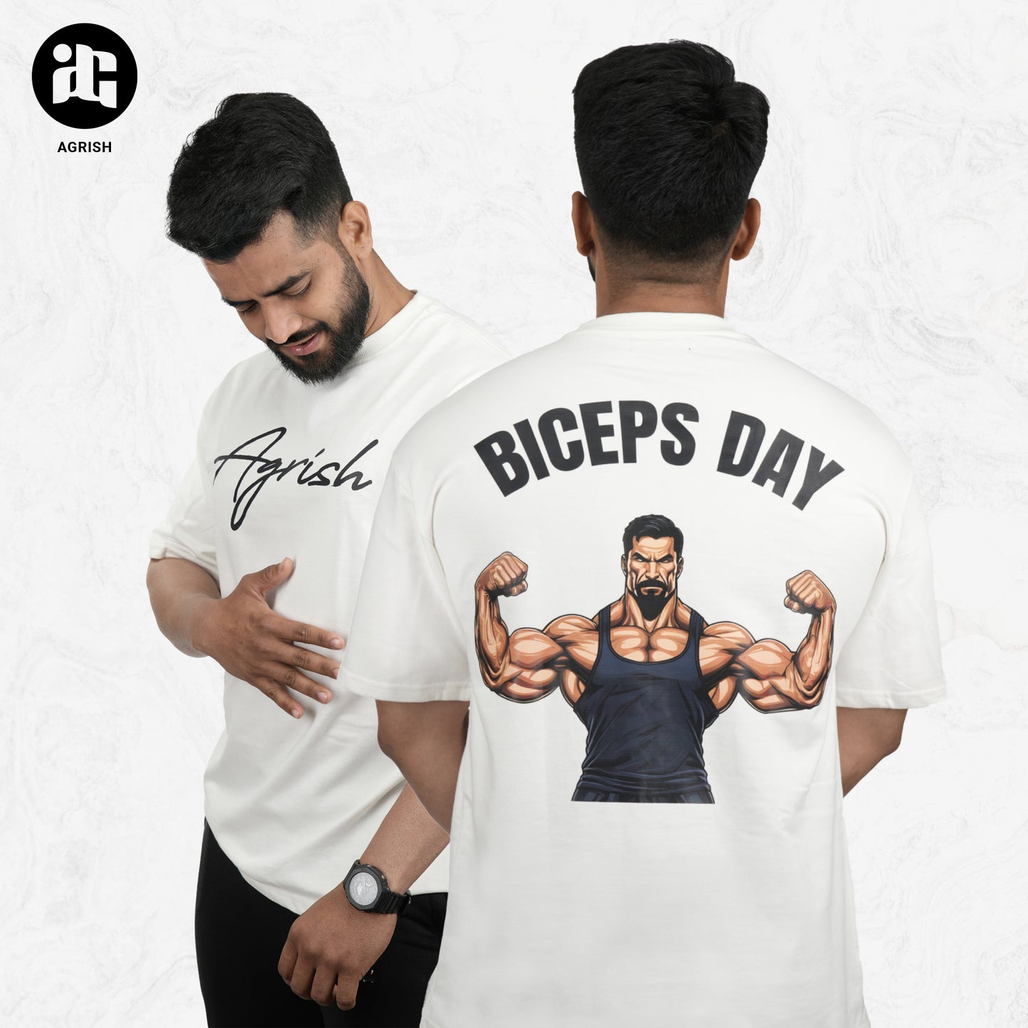 Men Printed Round Neck Pure Cotton Off White T-Shirt for Biceps Day at the Gym.