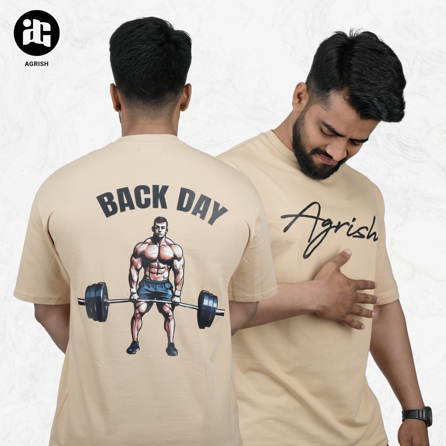 Men Printed Round Neck Pure Cotton Beige T-Shirt for Back Day at the Gym